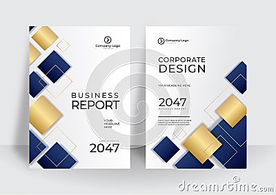 The blue gold white business vector illustration of the editable layout of A4 format cover mockups design templates with geometric Cartoon Illustration