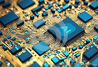 Blue gold ai deep learning circuit board gpu chips cpu server computing processor pcb hardware microchip semiconductor Stock Photo