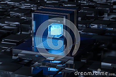 Blue and golden cube with glass material, 3d rendering Cartoon Illustration