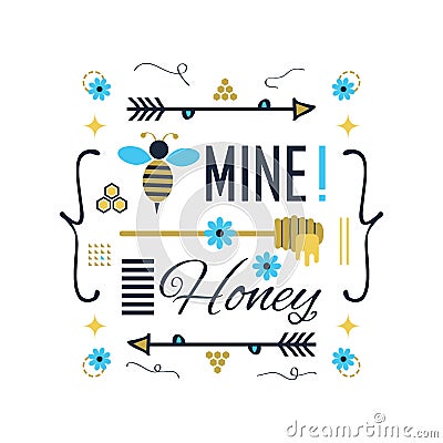 Blue and golden cute bee mine honey message with symbols set poster Vector Illustration