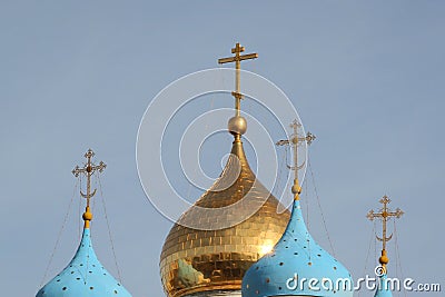 Blue and golden domes and religious crosses of the church at Novospassky monastery. Moscow, Russia Stock Photo