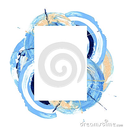 Blue and golden glitter swash, white rectangular border. Paint smear premade card composition Stock Photo