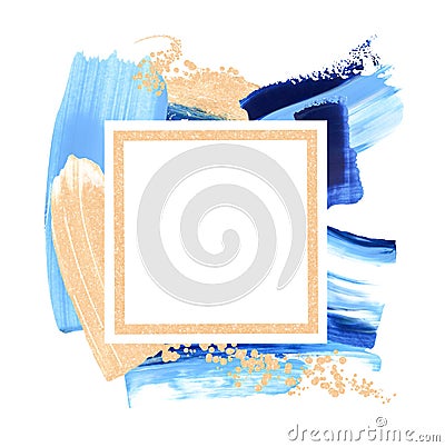 Blue and golden glitter swash, white square border. Paint smear premade card composition Stock Photo