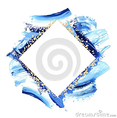 Blue and golden glitter swash, white square rhombus border. Paint smear premade card composition Stock Photo