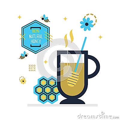 Blue and golden hot honey tea with hundred percent natural honey emblem icons Vector Illustration