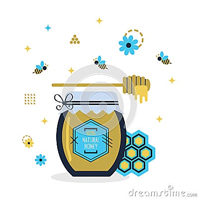 Blue and golden hundred percent natural honey jar with little bees and signs and symbols Vector Illustration