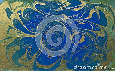 Blue and golden liquid texture, watercolor hand drawn marbling illustration, abstract background Cartoon Illustration