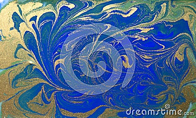 Blue and golden liquid texture, watercolor hand drawn marbling illustration, abstract background Cartoon Illustration