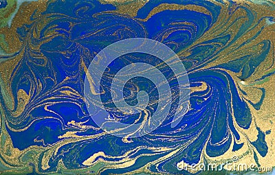 Blue and golden liquid texture, watercolor hand drawn marbling illustration, abstract background Cartoon Illustration