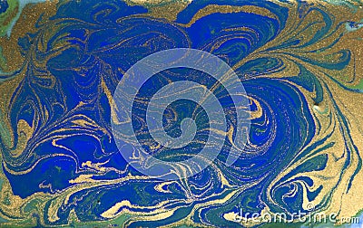Blue and golden liquid texture, watercolor hand drawn marbling illustration, abstract background Cartoon Illustration