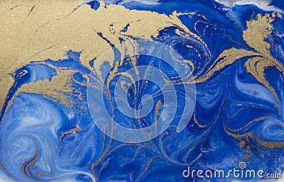 Blue and golden liquid texture, watercolor hand drawn marbling illustration, abstract background, aqua print Cartoon Illustration