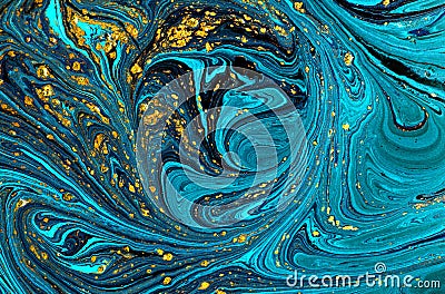 Blue and golden liquid texture, watercolor hand drawn marbling illustration, abstract background. Grunge, blot. Cartoon Illustration