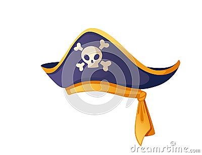 Blue and golden pirate hat with skull and bones vector illustration isolated on white background Vector Illustration