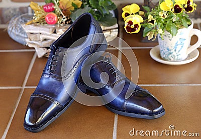 Blue goodyear welted leather mens wedding shos with a leather sole Stock Photo