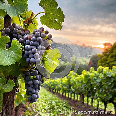 Blue grapes grow on the vine, bunches of grapes close-up on the background of the vineyard. Stock Photo