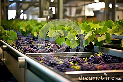 Blue grapes are lying on a conveyor belt at the red wine production facility in the winery. Generative by ai Stock Photo