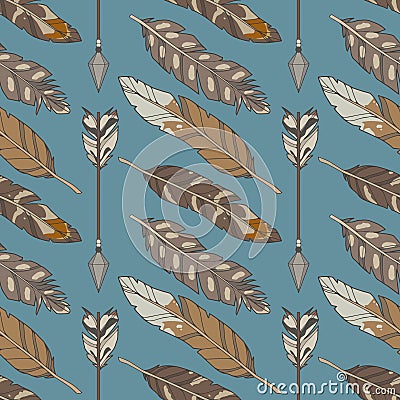 Blue graphic illustration seamless boho and ethno pattern with natural eagle feathers and arrows Cartoon Illustration