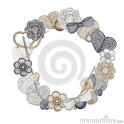 Blue gray beige Crochet Shop Logotype round frame, Branding, Avatar composition of hooks, yarns, crocheted heart, bow Stock Photo