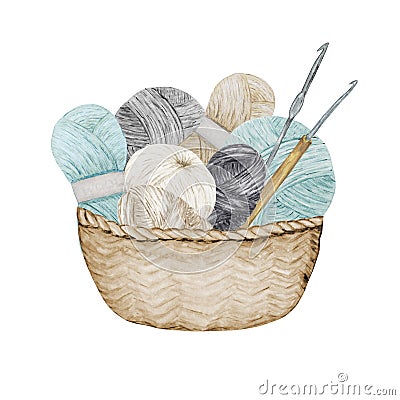 Blue gray beige Crocheting Knitting Shop Logotype, Branding, Avatar composition of yarns balls, crochet hooks in wicker Stock Photo