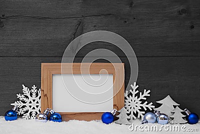 Blue Gray Christmas Decoration, Snow, Copy Space Stock Photo