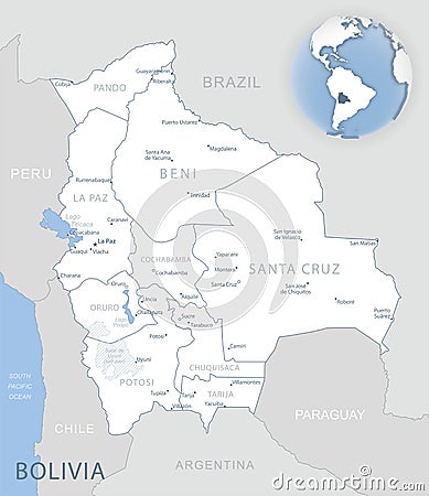 Blue-gray detailed map of Bolivia administrative divisions and location on the globe. Vector Illustration