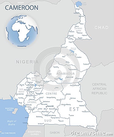 Blue-gray detailed map of Cameroon administrative divisions and location on the globe. Vector Illustration