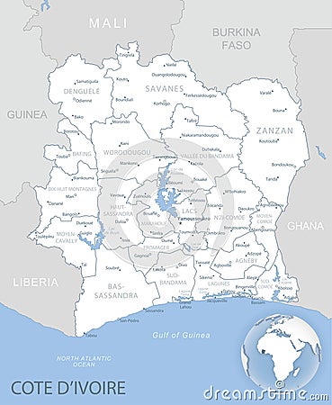 Blue-gray detailed map of Cote d`Ivoire administrative divisions and location on the globe Cartoon Illustration