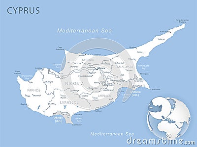 Blue-gray detailed map of Cyprus administrative divisions and location on the globe Cartoon Illustration