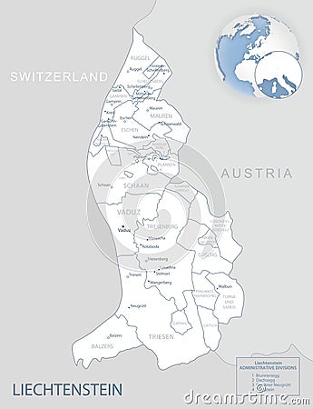 Blue-gray detailed map of Liechtenstein administrative divisions and location on the globe Vector Illustration