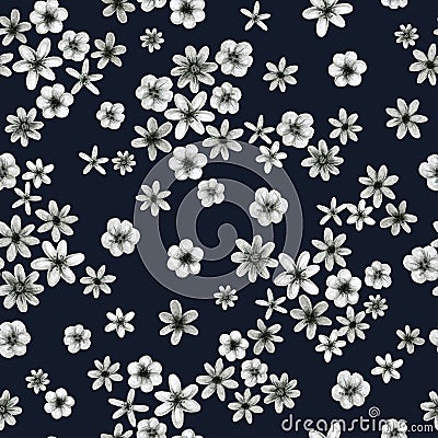 Blue gray small flowers, drawing in pencil illustration, seamless pattern Cartoon Illustration