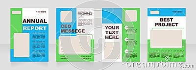 Blue and green blank brochure layout design. Product infor on sheets. Vertical poster template set with empty copy space for text Vector Illustration