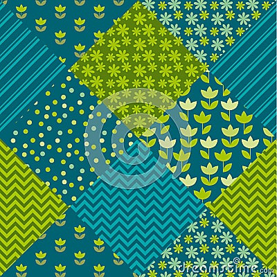 Blue and green color tulip flower and geometry motif patchwork. Vector Illustration