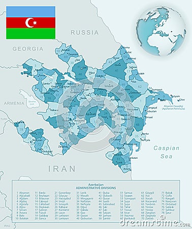 Blue-green detailed map of Azerbaijan administrative divisions with country flag and location on the globe Cartoon Illustration