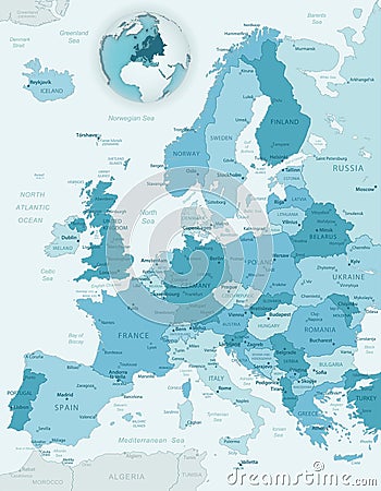 Blue-green detailed map of Europe with location on the globe. Vector Illustration