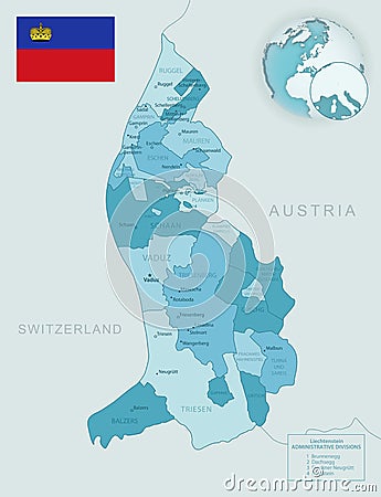 Blue-green detailed map of Liechtenstein administrative divisions with country flag and location on the globe Vector Illustration