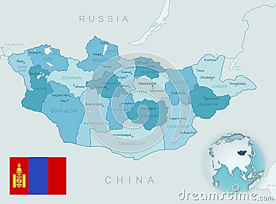 Blue-green detailed map of Mongolia administrative divisions with country flag and location on the globe Cartoon Illustration