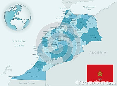 Blue-green detailed map of Morocco administrative divisions with country flag and location on the globe. Vector Illustration