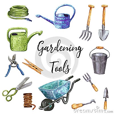 Blue-green gardening tools clip art set, hand drawn watercolor illustration Cartoon Illustration