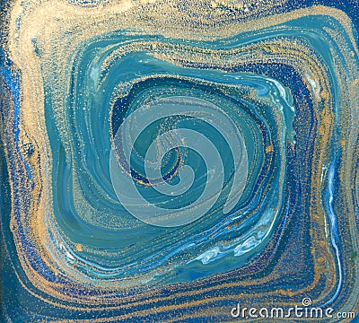 Blue, green and gold liquid texture. Hand drawn marbling background. Ink marble abstract pattern Stock Photo