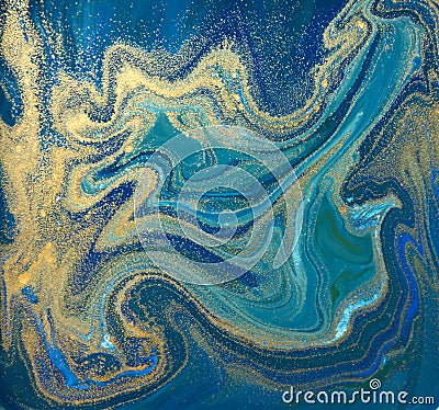 Blue, green and gold liquid texture. Hand drawn marbling background. Ink marble abstract pattern Stock Photo