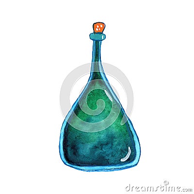 Blue and green isolated magic potion bottle. Hand drawn watercolor alchemy. Occultism and witchcraft drink. Fairy tale elixir chem Stock Photo