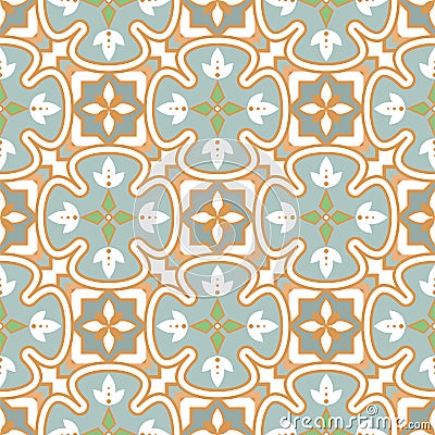 Blue and green pattern portuguese tile seamless pattern. Mediterranean ceramic tiles design pastel blue gold colors. Vector Illustration