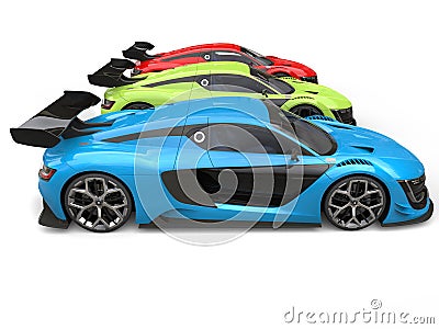 Blue, green and red awesome super cars - side view Stock Photo