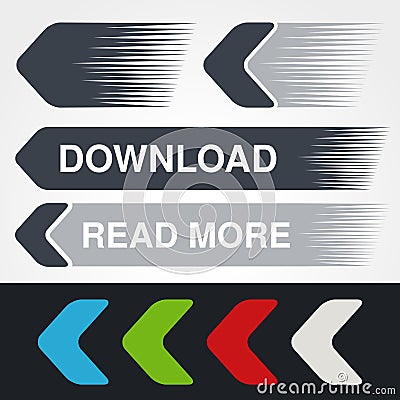 Blue, green, red, white and grey speed arrows. Simple arrow buttons. Pointer on web. Sign of download, next, read more, play, go Vector Illustration