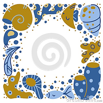 Blue and green sea frame with hand drawn ocean elements, copy space. Square border of cartoon seaweed, fish, shell. Flat vector Vector Illustration