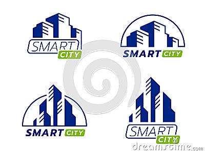 Blue and green smart city logo sign with modern abstract isometric building collection vector design Vector Illustration