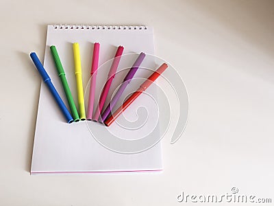 Colored felt-tip pens stand on a sketchbook Stock Photo