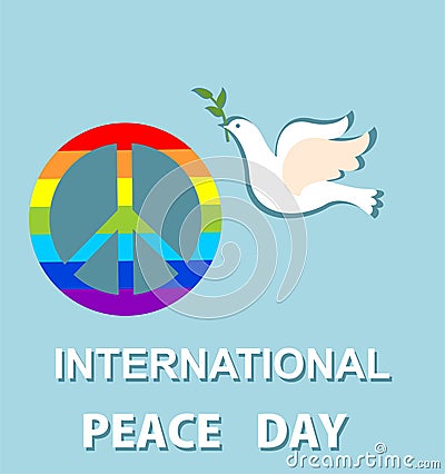 Blue greeting card with paper cut out dove and peace symbol with rainbow for International Peace day. Flat design Vector Illustration