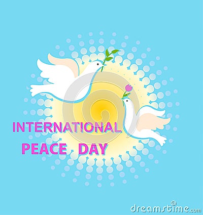 Blue greeting card with sun and paper cut out doves with olive branch and tulip for International Peace day Vector Illustration