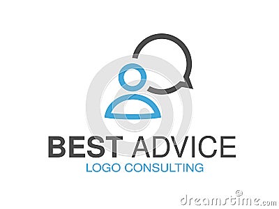 Blue grey brand for consulting agency, best advice. Logo design with symbol of speech bubble and man. Vector Illustration